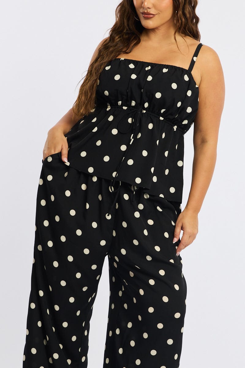 Black Polka Dot Wide Leg Pants Elastic Waist for YouandAll Fashion