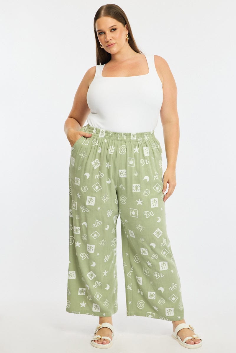 Green Abstract Wide Leg Pants Elastic Waist for YouandAll Fashion