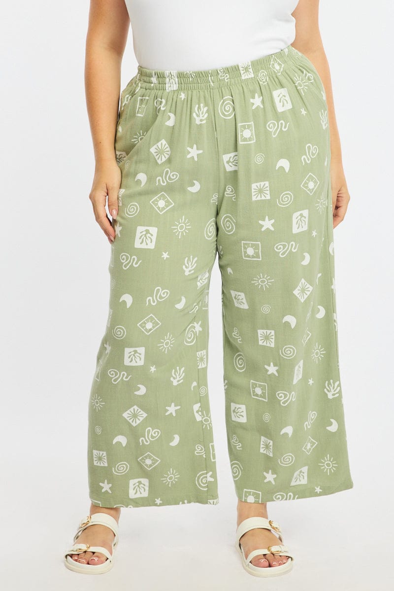 Green Abstract Wide Leg Pants Elastic Waist for YouandAll Fashion