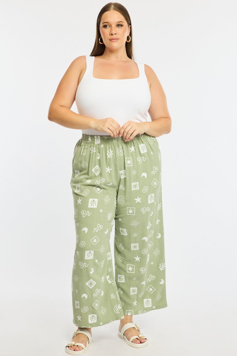 Green Abstract Wide Leg Pants Elastic Waist for YouandAll Fashion