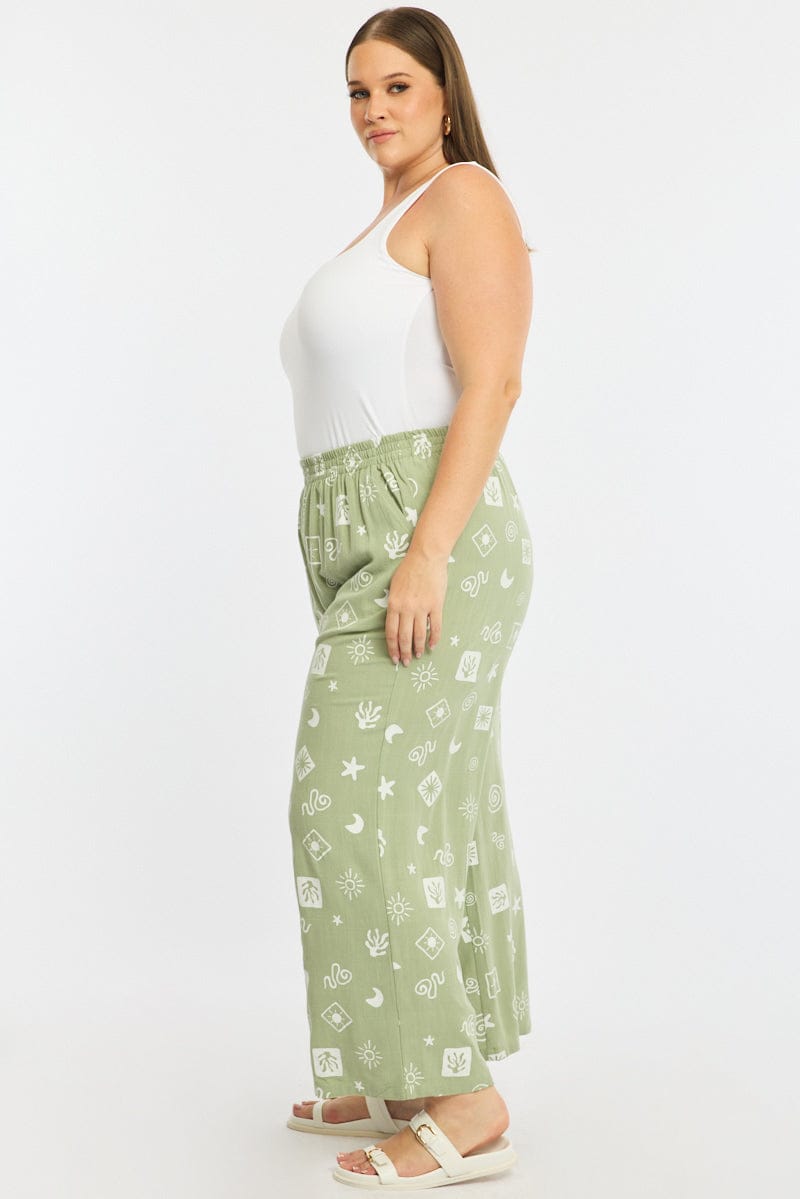 Green Abstract Wide Leg Pants Elastic Waist for YouandAll Fashion
