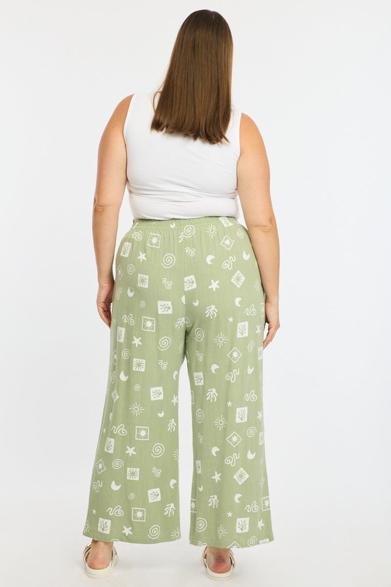 Green Abstract Wide Leg Pants Elastic Waist for YouandAll Fashion