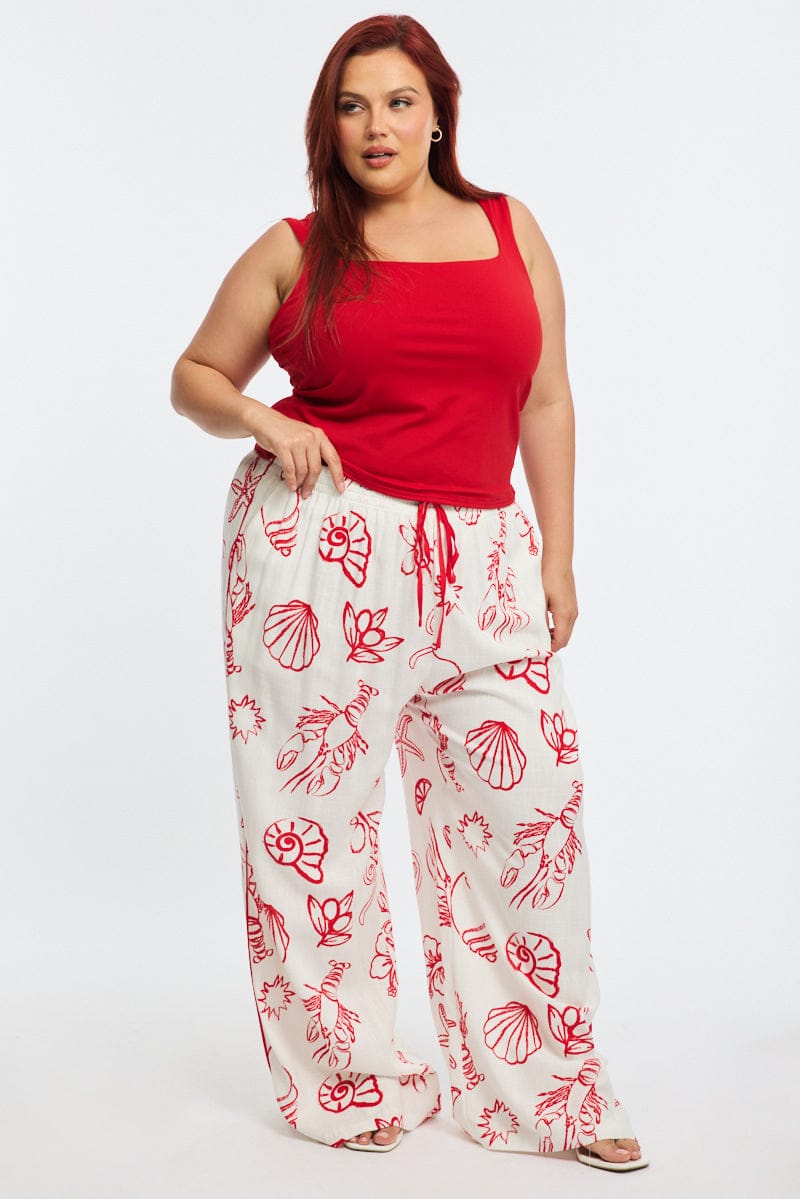 Red Abstract Wide Leg Pants Elastic Waist Side Piping for YouandAll Fashion