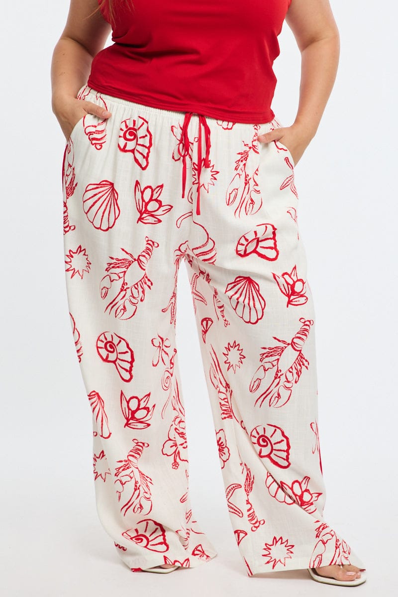 Red Abstract Wide Leg Pants Elastic Waist Side Piping for YouandAll Fashion