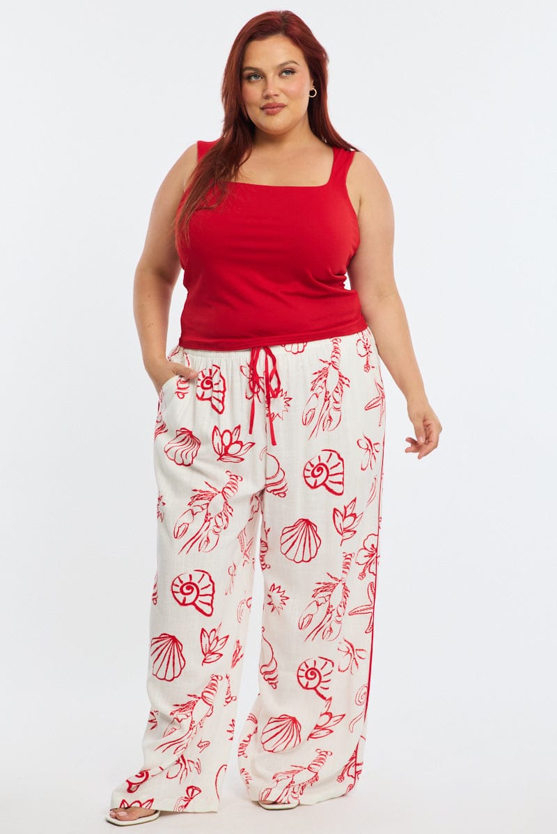 Red Abstract Wide Leg Pants Elastic Waist Side Piping for YouandAll Fashion