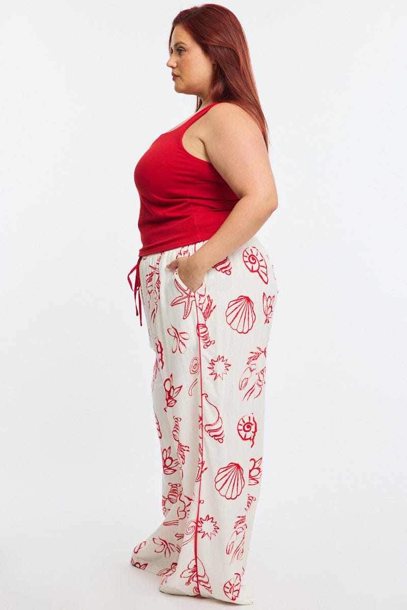 Red Abstract Wide Leg Pants Elastic Waist Side Piping for YouandAll Fashion