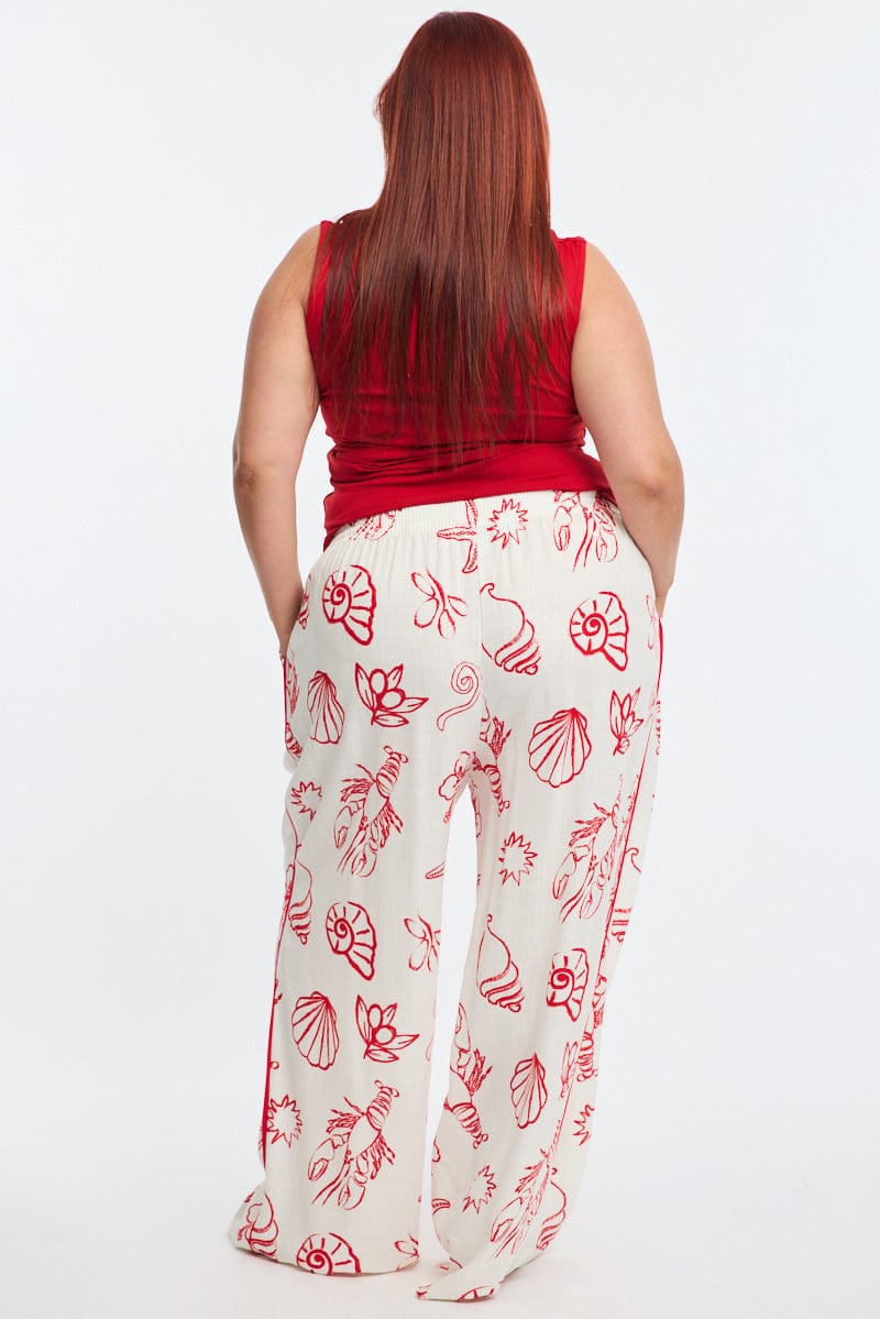 Red Abstract Wide Leg Pants Elastic Waist Side Piping for YouandAll Fashion