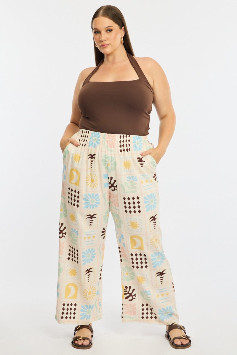 Multi Abstract Wide Leg Pants Elastic Waist for YouandAll Fashion