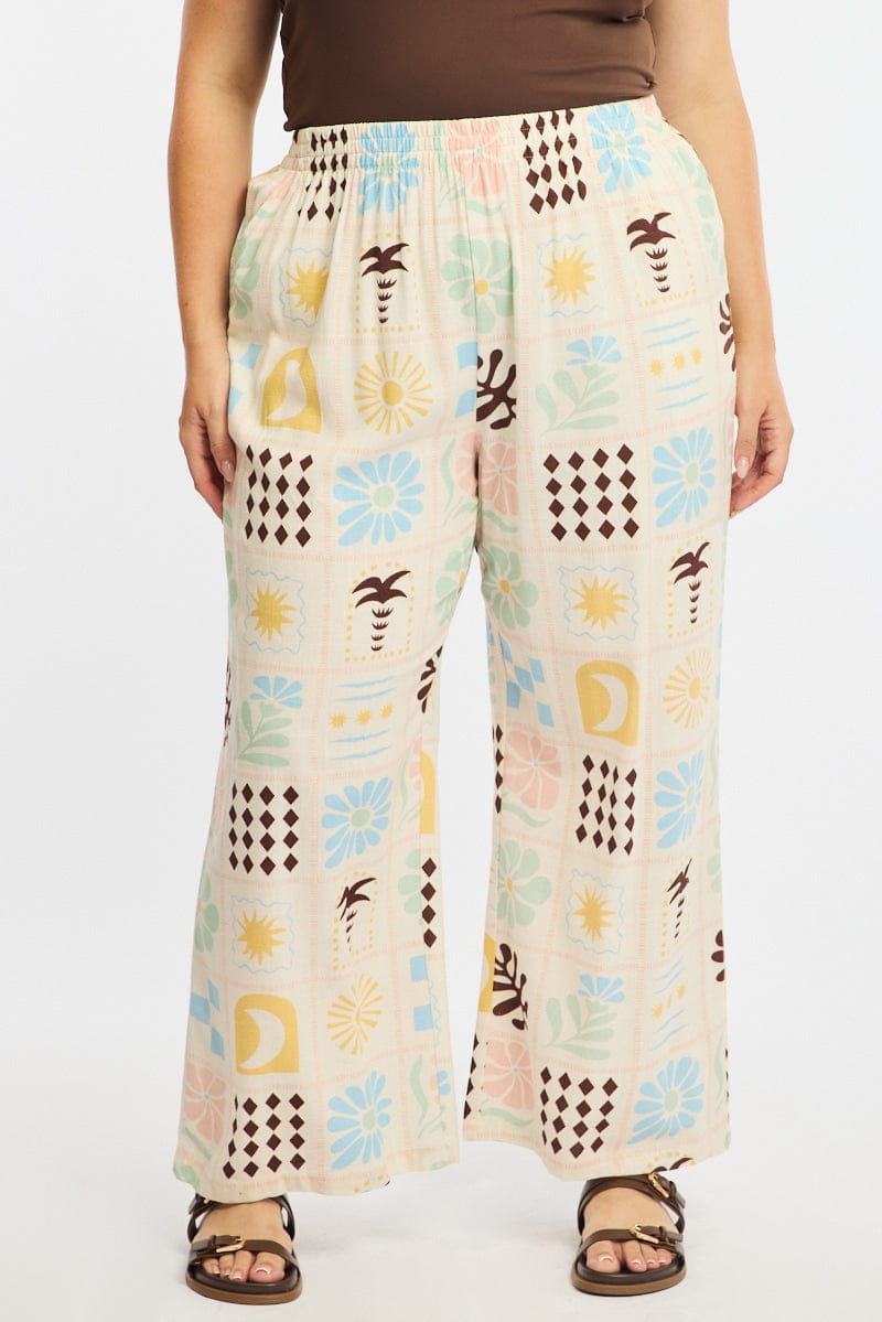 Multi Abstract Wide Leg Pants Elastic Waist for YouandAll Fashion