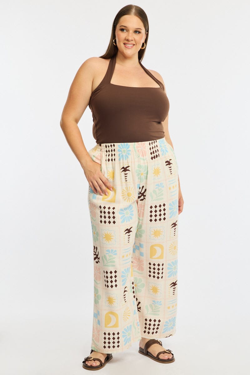 Multi Abstract Wide Leg Pants Elastic Waist for YouandAll Fashion