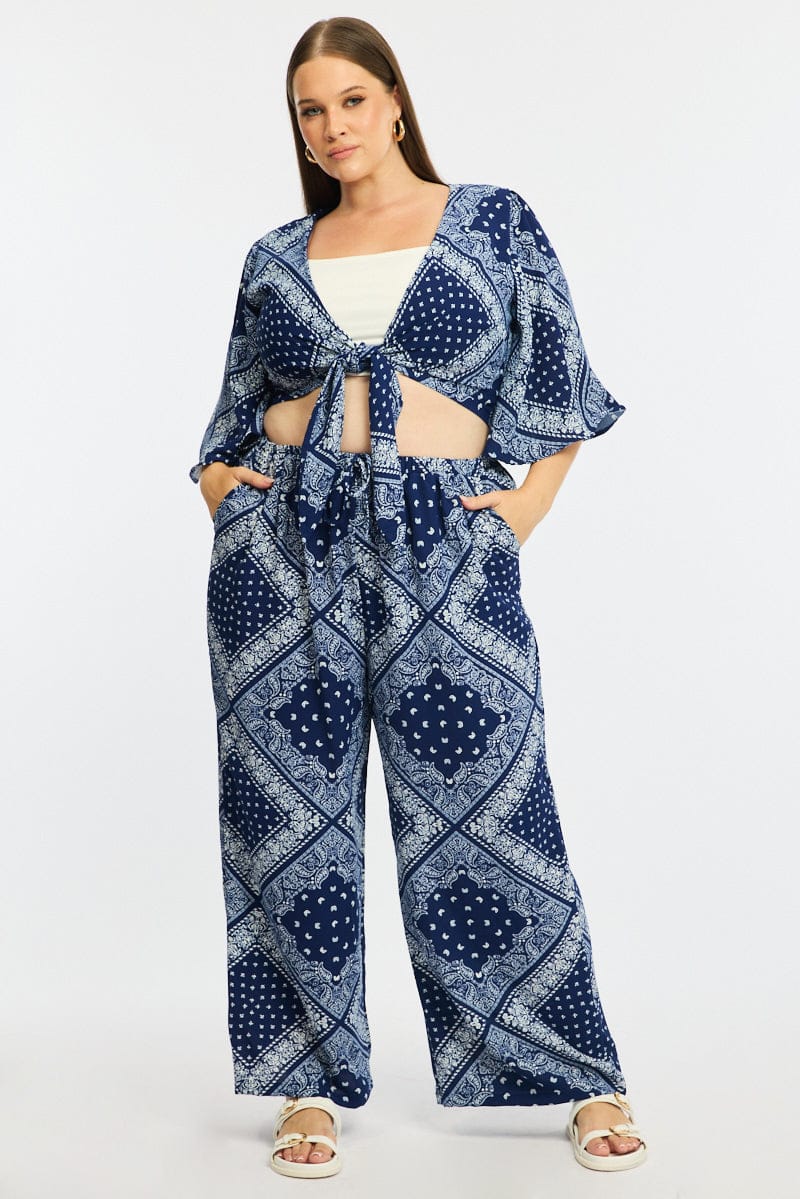 Blue Boho Wide Leg Pants Elastic Waist for YouandAll Fashion