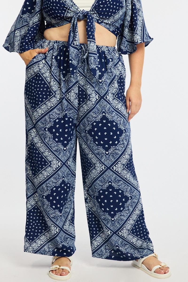 Blue Boho Wide Leg Pants Elastic Waist for YouandAll Fashion