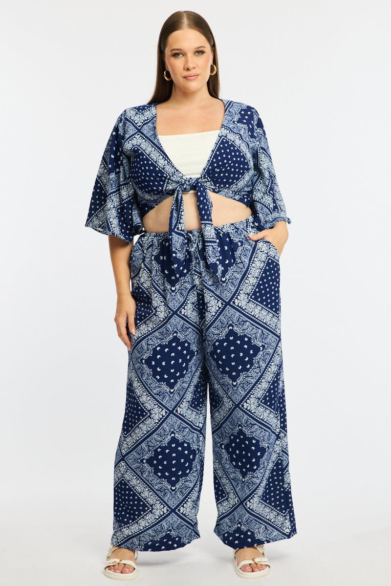 Blue Boho Wide Leg Pants Elastic Waist for YouandAll Fashion