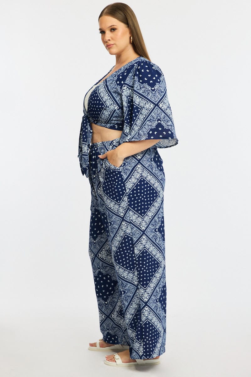 Blue Boho Wide Leg Pants Elastic Waist for YouandAll Fashion