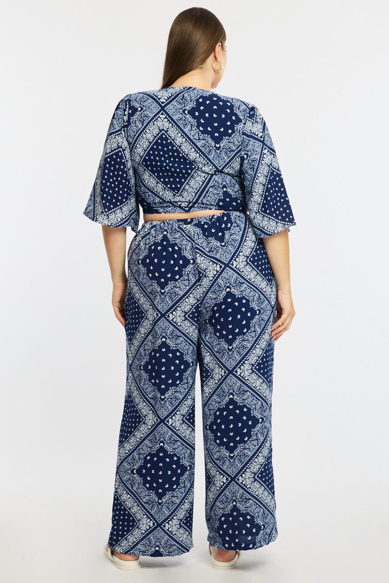 Blue Boho Wide Leg Pants Elastic Waist for YouandAll Fashion