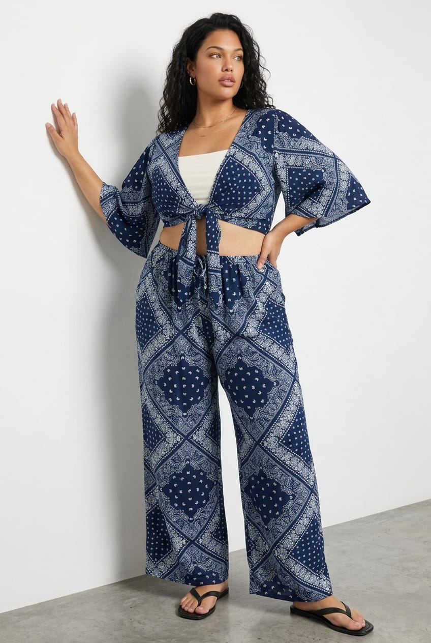 Blue Paisley Wide Leg Pants for YouandAll Fashion
