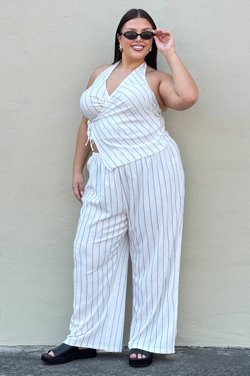 White Stripe Wide Leg Pants Elastic Waist for YouandAll Fashion