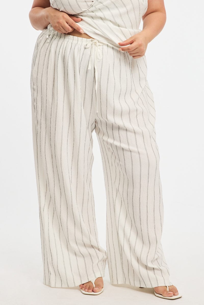 White Stripe Wide Leg Pants Elastic Waist for YouandAll Fashion