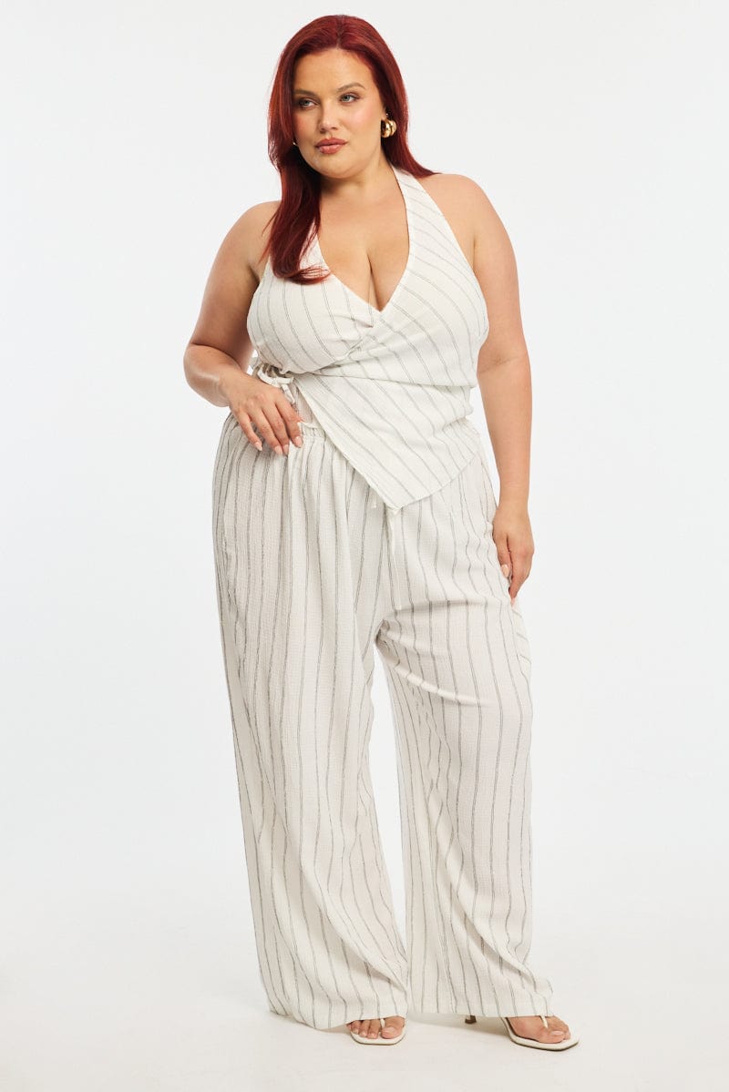 White Stripe Wide Leg Pants Elastic Waist for YouandAll Fashion