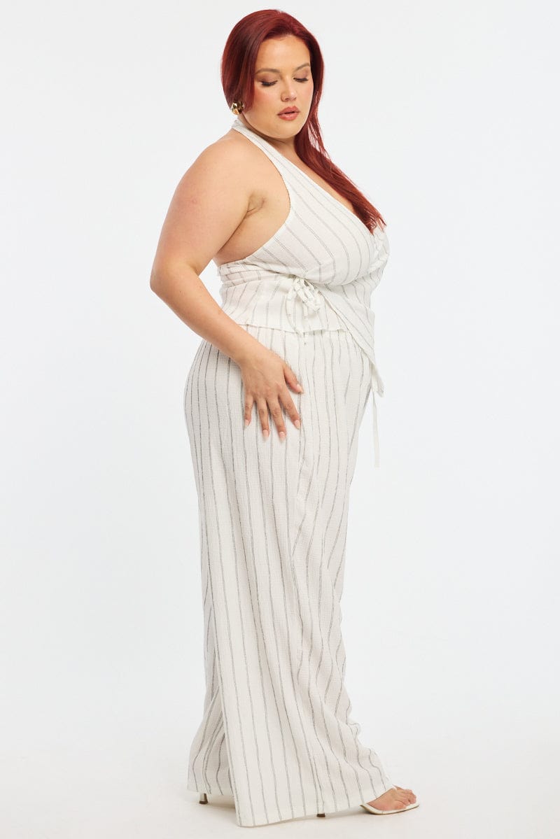 White Stripe Wide Leg Pants Elastic Waist for YouandAll Fashion