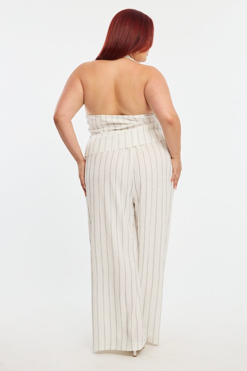 White Stripe Wide Leg Pants Elastic Waist for YouandAll Fashion