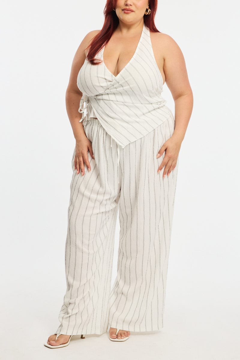 White Stripe Wide Leg Pants Elastic Waist for YouandAll Fashion
