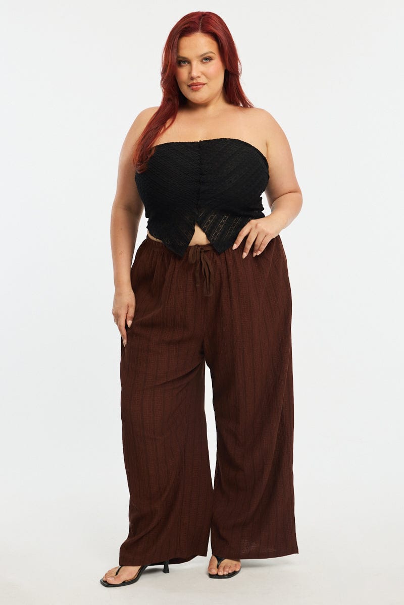 Brown Stripe Wide Leg Pants Elastic Waist for YouandAll Fashion