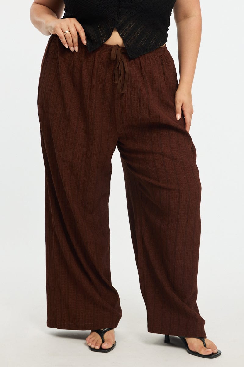 Brown Stripe Wide Leg Pants Elastic Waist for YouandAll Fashion