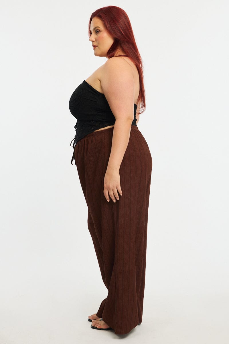 Brown Stripe Wide Leg Pants Elastic Waist for YouandAll Fashion