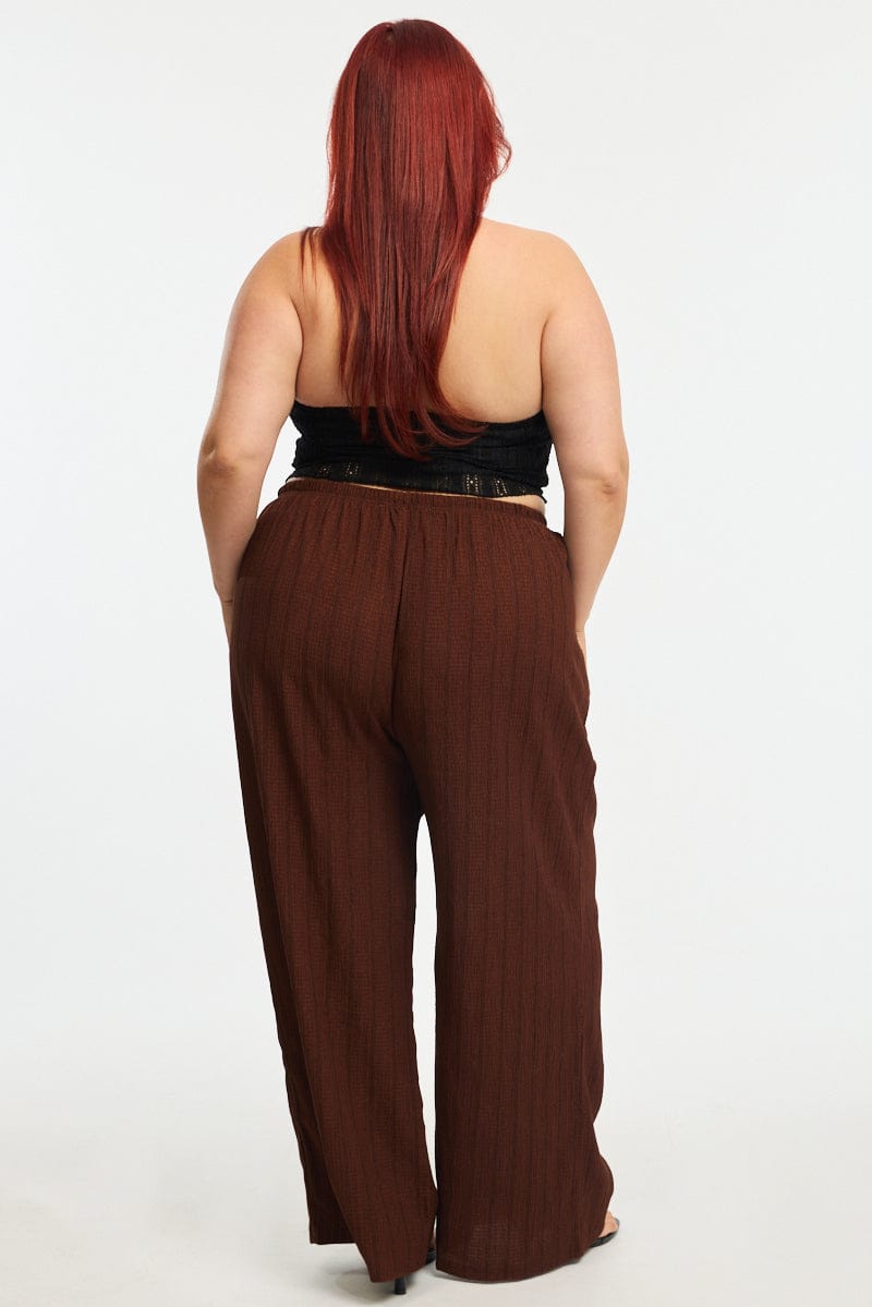 Brown Stripe Wide Leg Pants Elastic Waist for YouandAll Fashion