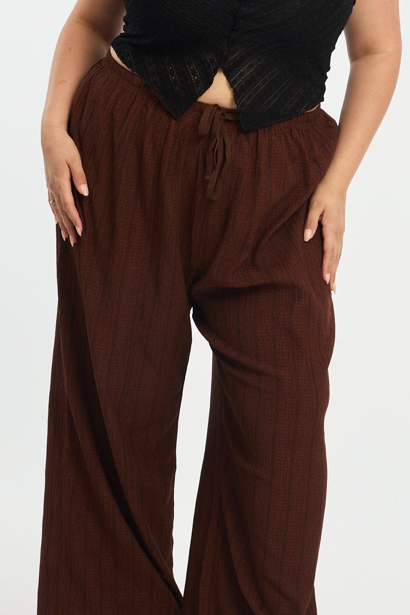 Brown Stripe Wide Leg Pants Elastic Waist for YouandAll Fashion