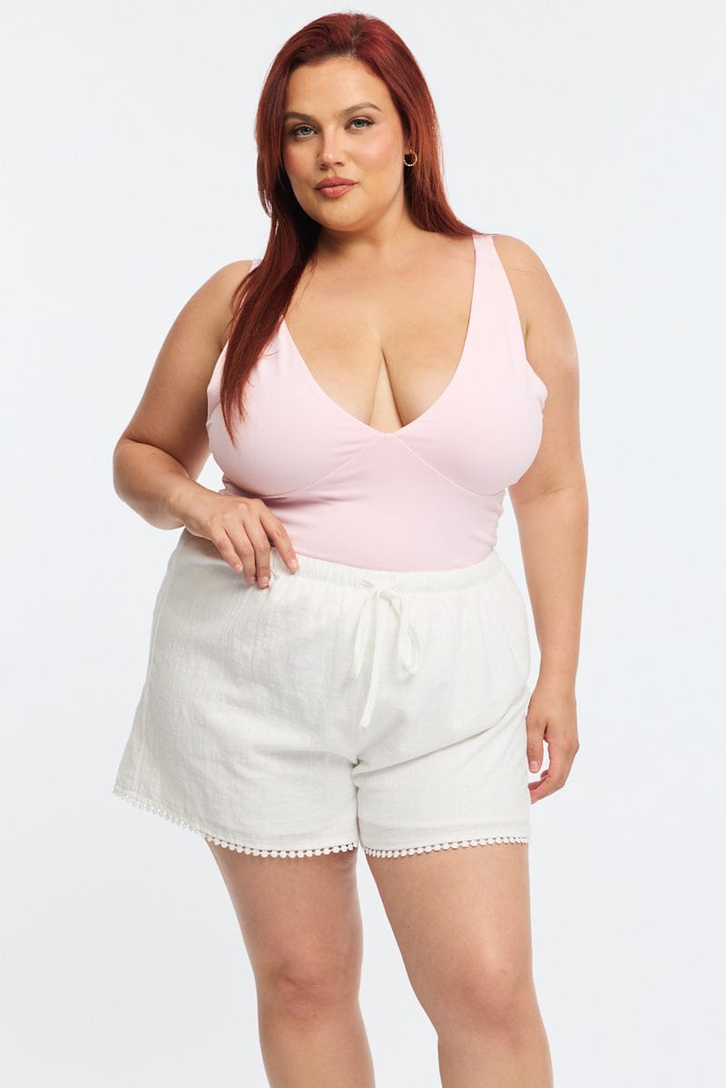 White Shorts Elastic Waist High Rise for YouandAll Fashion