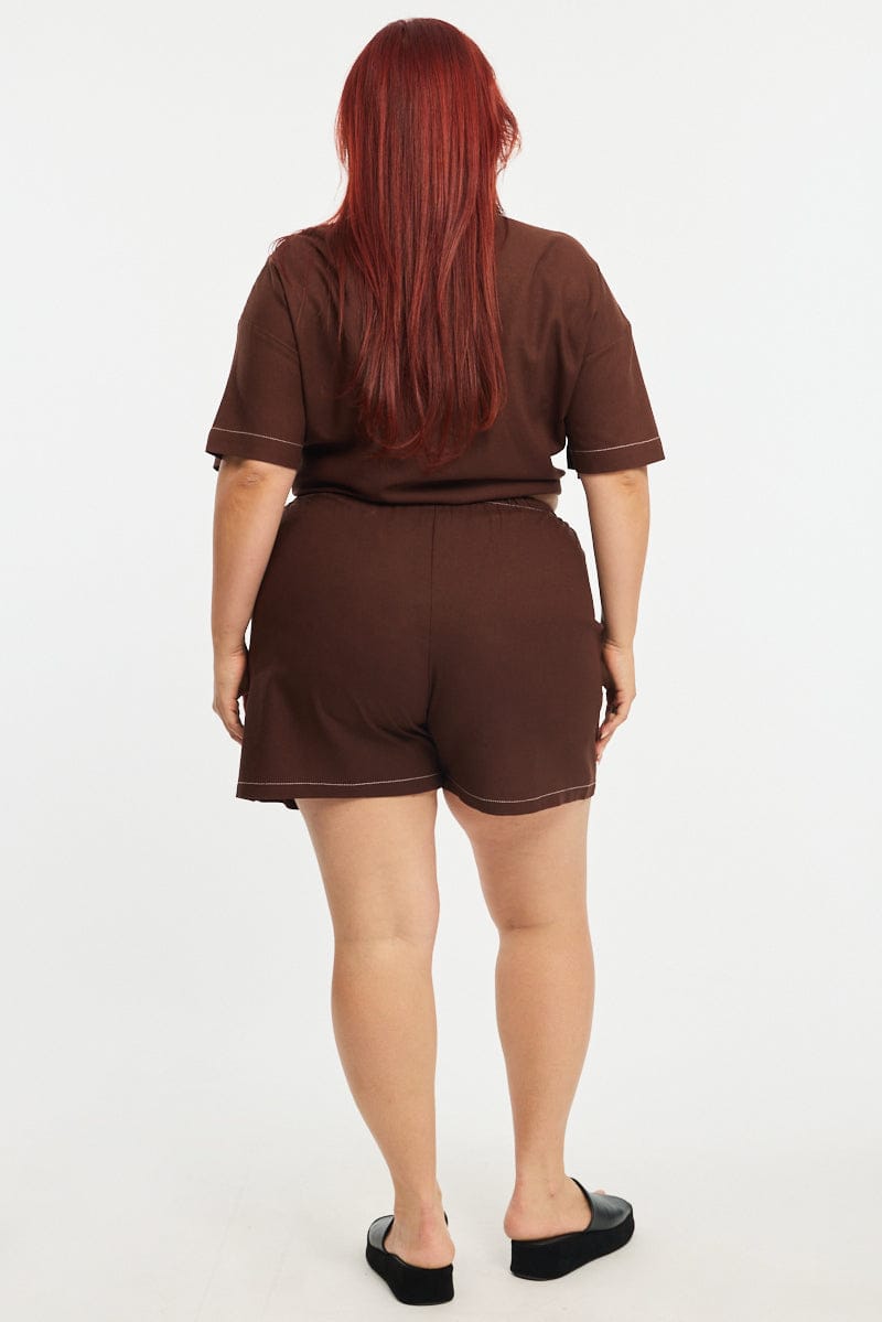 Brown Shorts Elastic Waist Outpocket for YouandAll Fashion