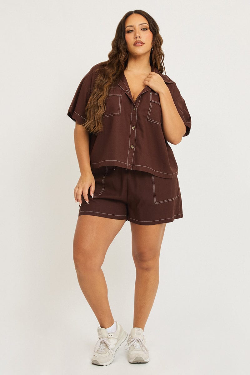 Brown Shorts Elastic Waist Outpocket for YouandAll Fashion