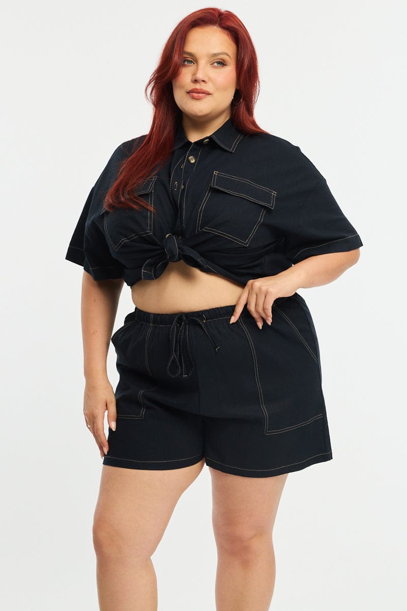 Blue Shorts Elastic Waist Outpocket for YouandAll Fashion
