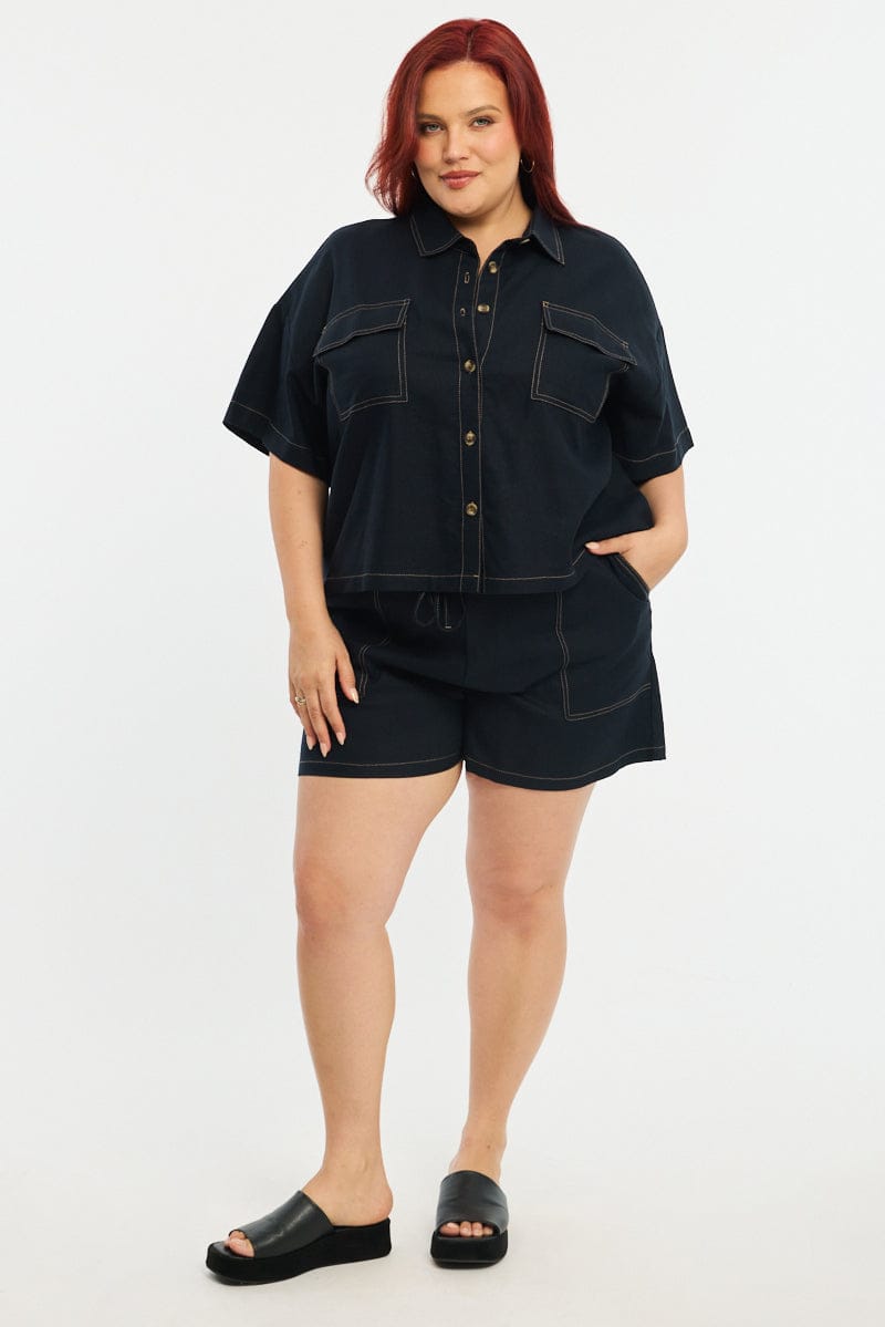 Blue Shorts Elastic Waist Outpocket for YouandAll Fashion