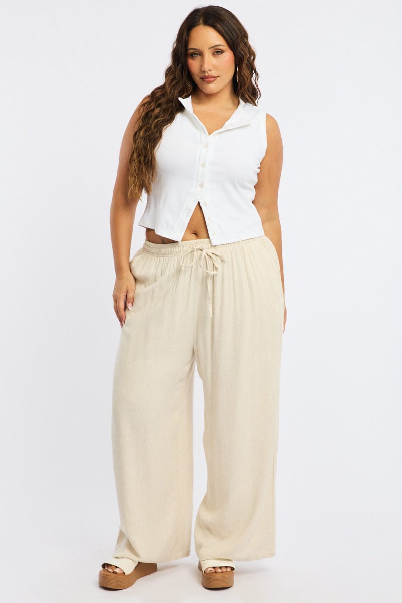 Beige Wide Leg Pants Elasticated Waist for YouandAll Fashion