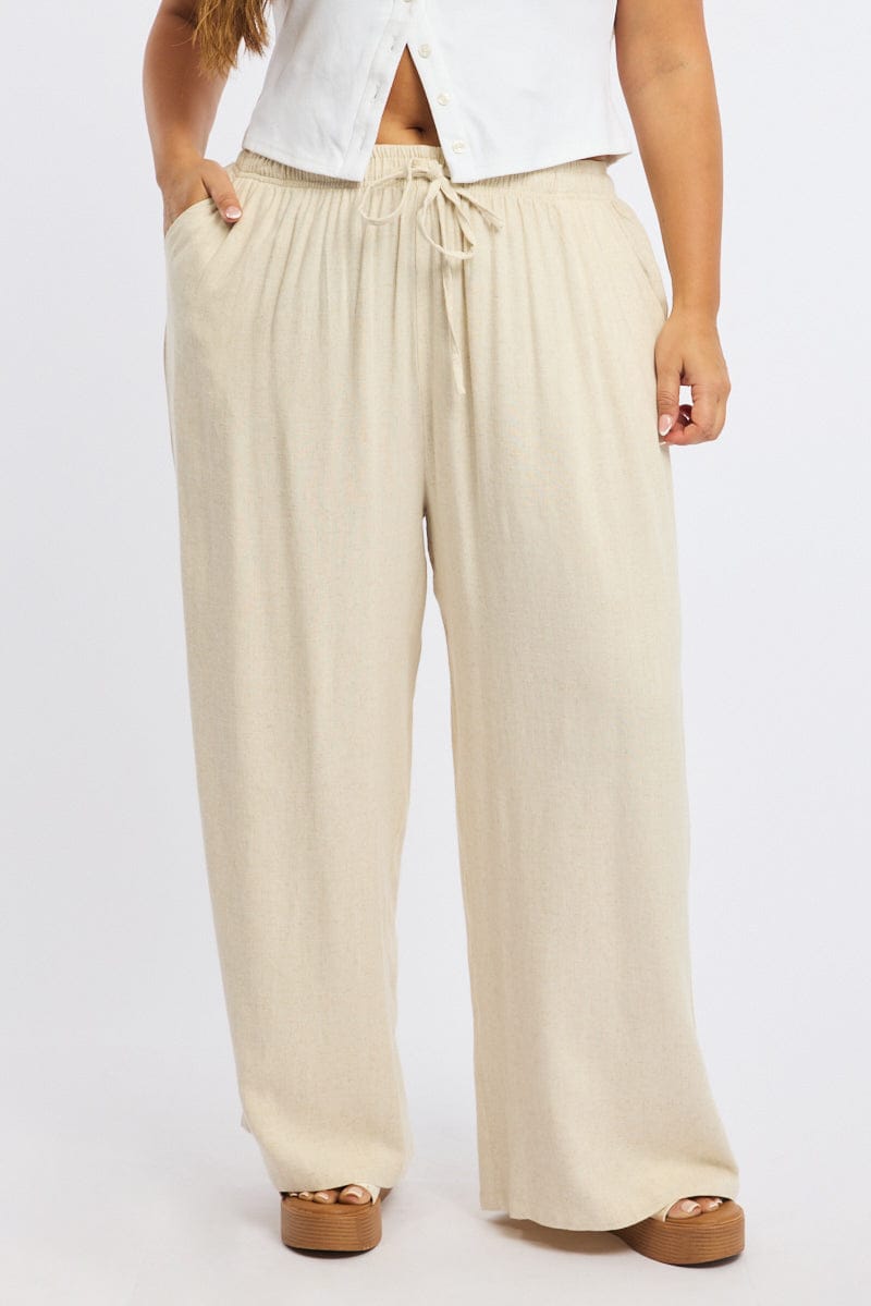 Beige Wide Leg Pants Elasticated Waist for YouandAll Fashion