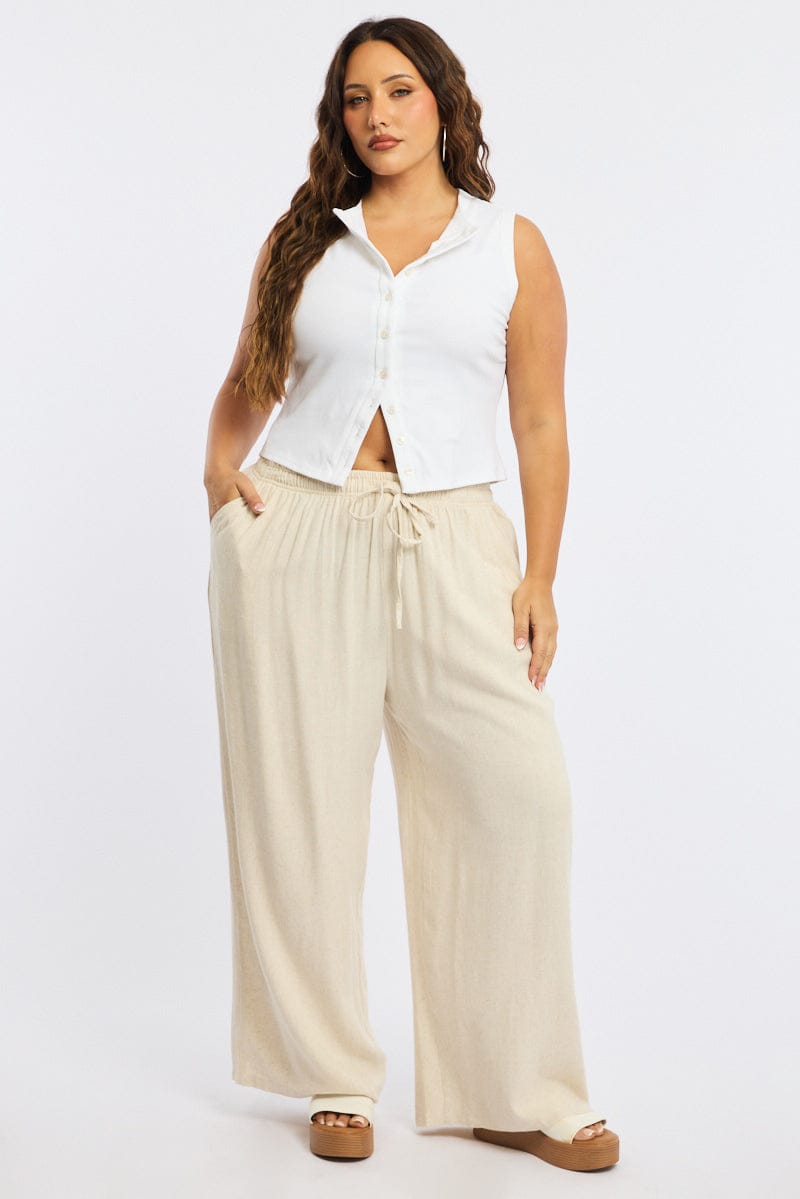 Beige Wide Leg Pants Elasticated Waist