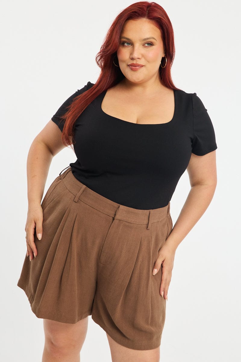 Brown Bermuda Shorts Elastic Waist for YouandAll Fashion