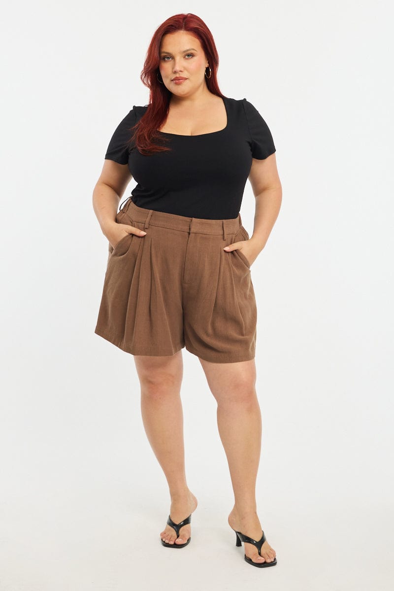 Brown Bermuda Shorts Elastic Waist for YouandAll Fashion