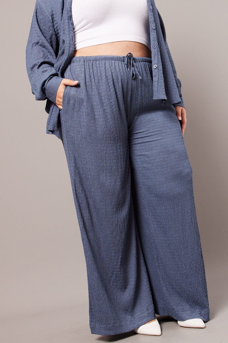 Blue Wide Leg Pants High Rise Textured Fabric for YouandAll Fashion