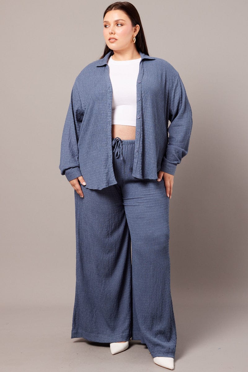 Blue Wide Leg Pants High Rise Textured Fabric for YouandAll Fashion