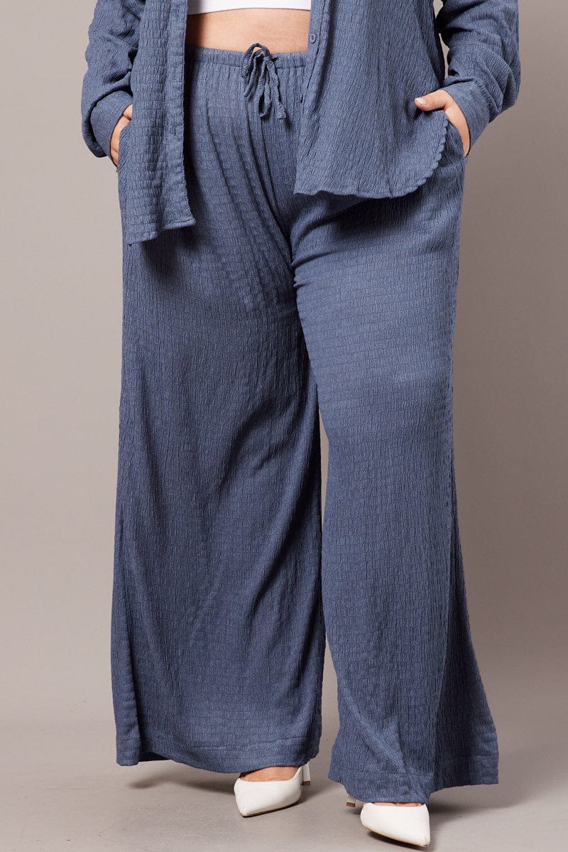 Blue Wide Leg Pants High Rise Textured Fabric for YouandAll Fashion