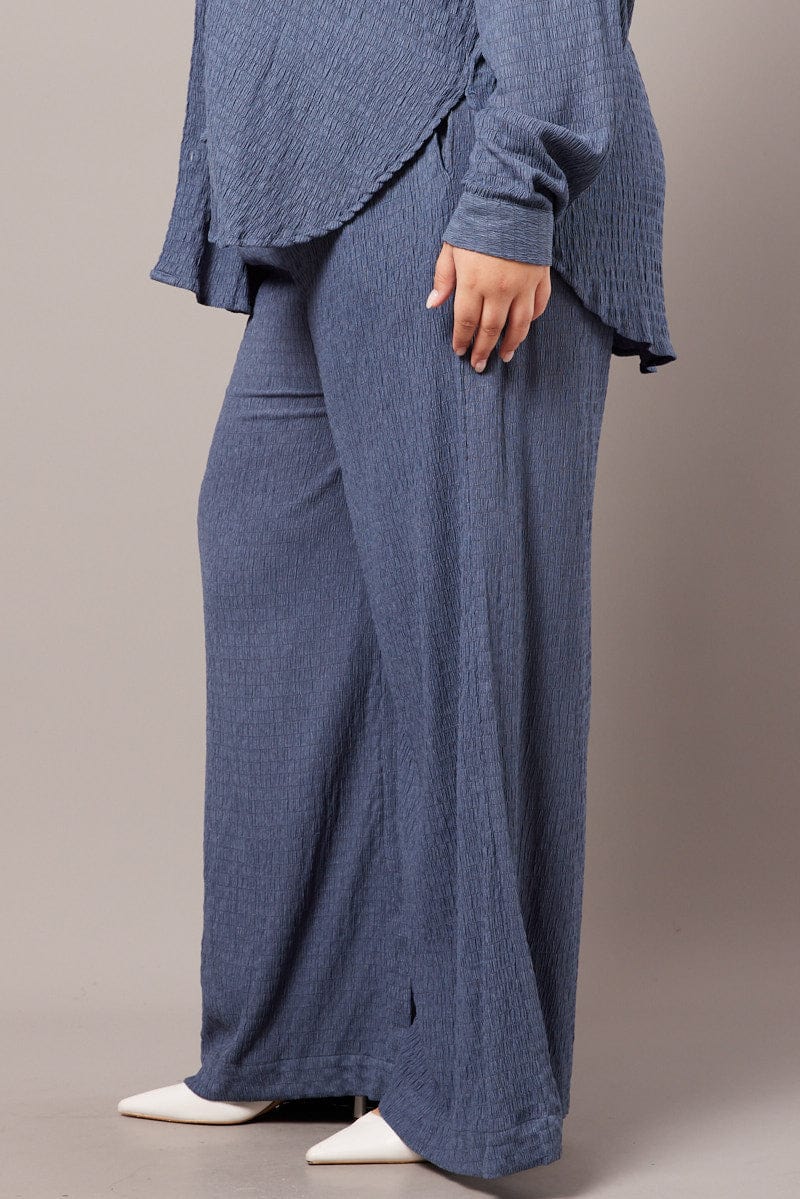 Blue Wide Leg Pants High Rise Textured Fabric for YouandAll Fashion