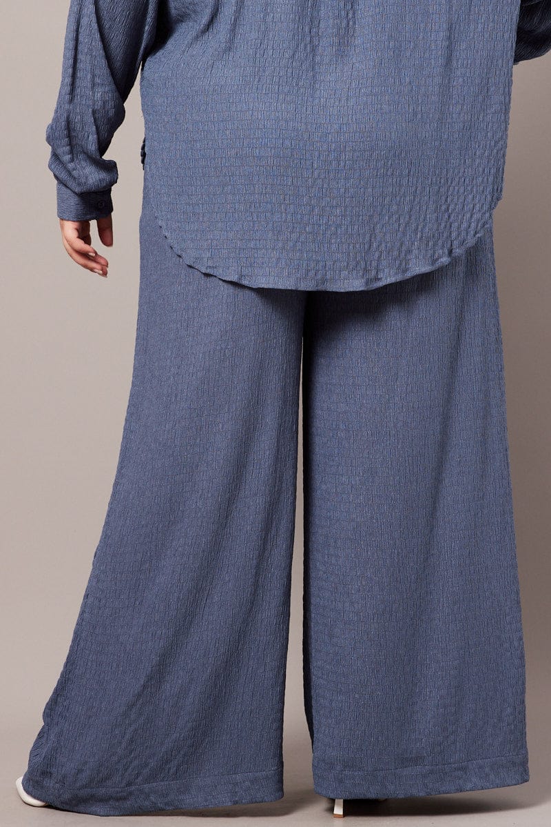 Blue Wide Leg Pants High Rise Textured Fabric for YouandAll Fashion