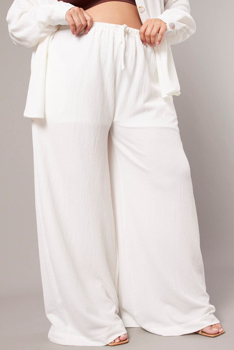 White Wide Leg Pants High Rise Textured Fabric for YouandAll Fashion