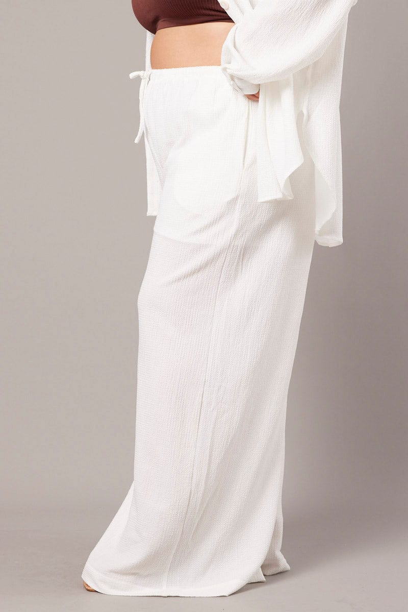 White Wide Leg Pants High Rise Textured Fabric for YouandAll Fashion