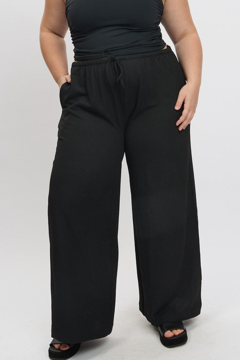 Black Textured Wide Leg Pants Drawstring Elastic Waist for YouandAll Fashion