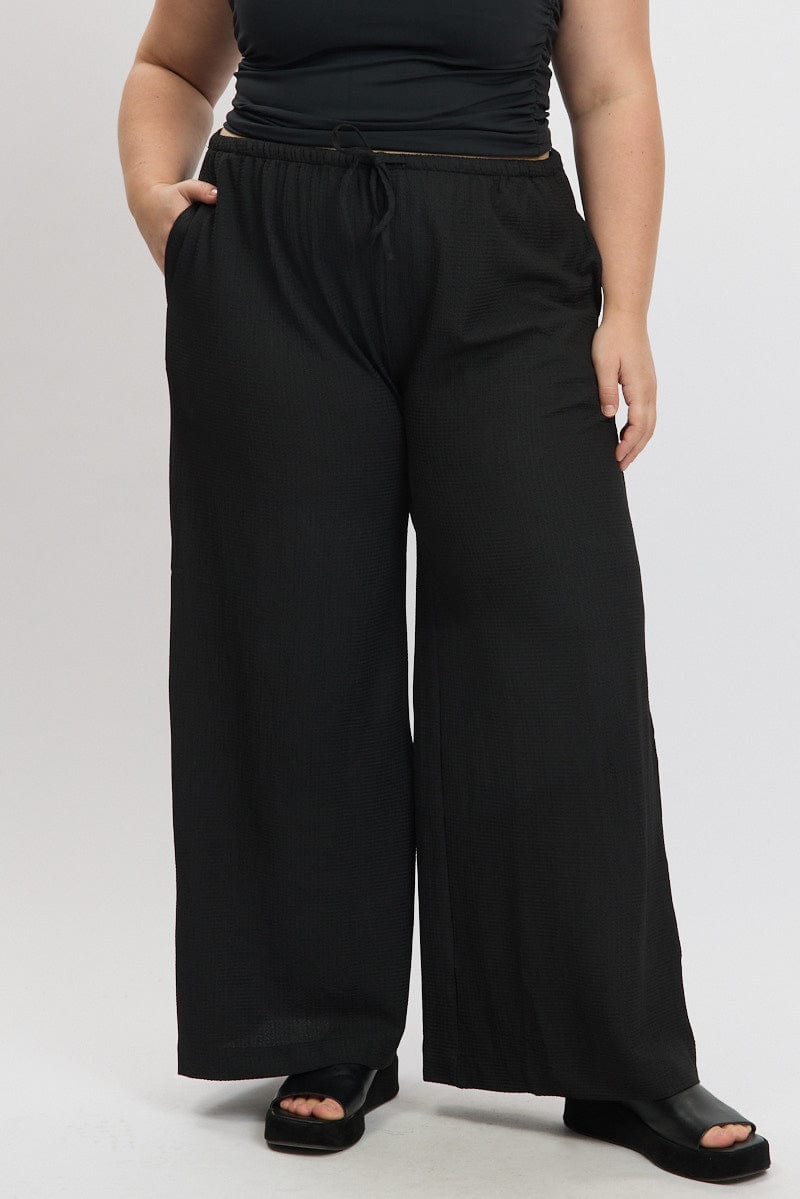 Black Textured Wide Leg Pants Drawstring Elastic Waist for YouandAll Fashion